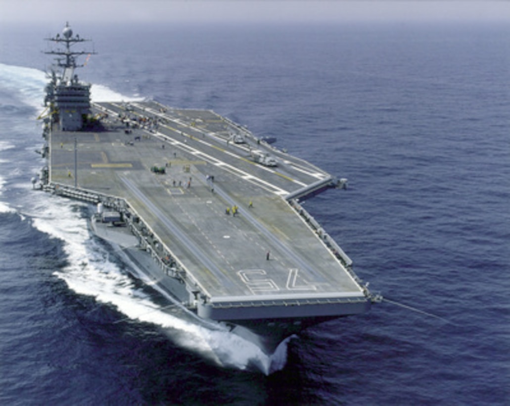 The Navy's newest aircraft carrier USS Harry S. Truman CVN 75 sails off the coast of Virginia during initial shipyard sea trials. The USS Harry S. Truman will be commissioned Saturday, July 25, 1998. 