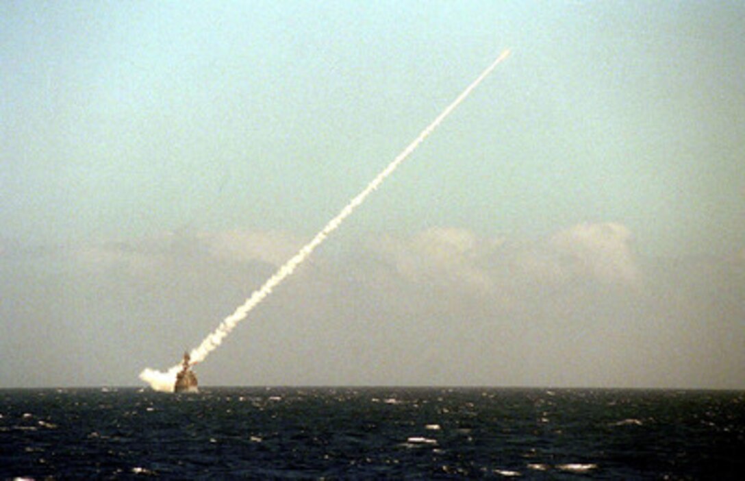 USS California CGN 36 launches a missile skyward to a target two miles away. USS California is operating in the Pacific Ocean during RIMPAC '98. RIMPAC '98 is designed to enhance the tactical capabilities of participating units in major aspects of maritime operations at sea. RIMPAC '98 is the sixteenth in a series of Pacific naval exercises. 