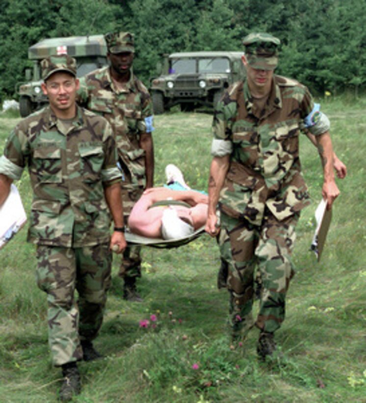 Combat Service Support Detachment (CCSD) 67 Shock Trauma Platoon (STP) from Camp Lejeune, N. C. , participates in a mass casualty drill during Baltic Challenge '98. Over 100 mock casualties were treated and then flown to the USNS Comfort T AH 20 as part of the drill. Baltic Challenge '98 is the largest peace support exercise held in the Baltic region. Conducted in the spirit of the "Partnership-for-Peace (PFP)" program, the exercise will take place at sea, land and air training locations in and near Klaipeda on the western coast of Lithuania. 