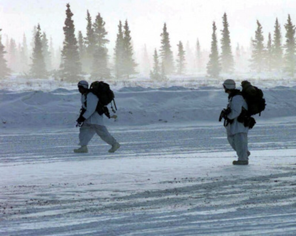 Soldiers from the 1st Battalion, 501st Infantry (Airborne) seek cover as they patrol the Donnely drop zone at Fort Greeley, Alaska on Feb. 18, 1998, during Exercise Northern Edge 98. More than 90,000 soldiers, sailors, Marines, airmen Coast Guardsmen and National Guardsmen are participating the exercise. Northern Edge 98 is designed to practice joint operational techniques and procedures, increasing interoperability between the services. 