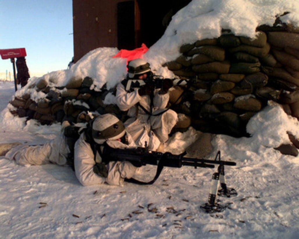 Soldiers from the 2nd Battalion, 1st Infantry observe their sector of fire, and hold their fighting positions during the assault of the village of Simpsonville at Fort Greeley, Alaska on Feb. 19, 1998, during Exercise Northern Edge 98. More than 90,000 soldiers, sailors, Marines, airmen Coast Guardsmen and National Guardsmen are participating the exercise. Northern Edge 98 is designed to practice joint operational techniques and procedures, increasing interoperability between the services. 