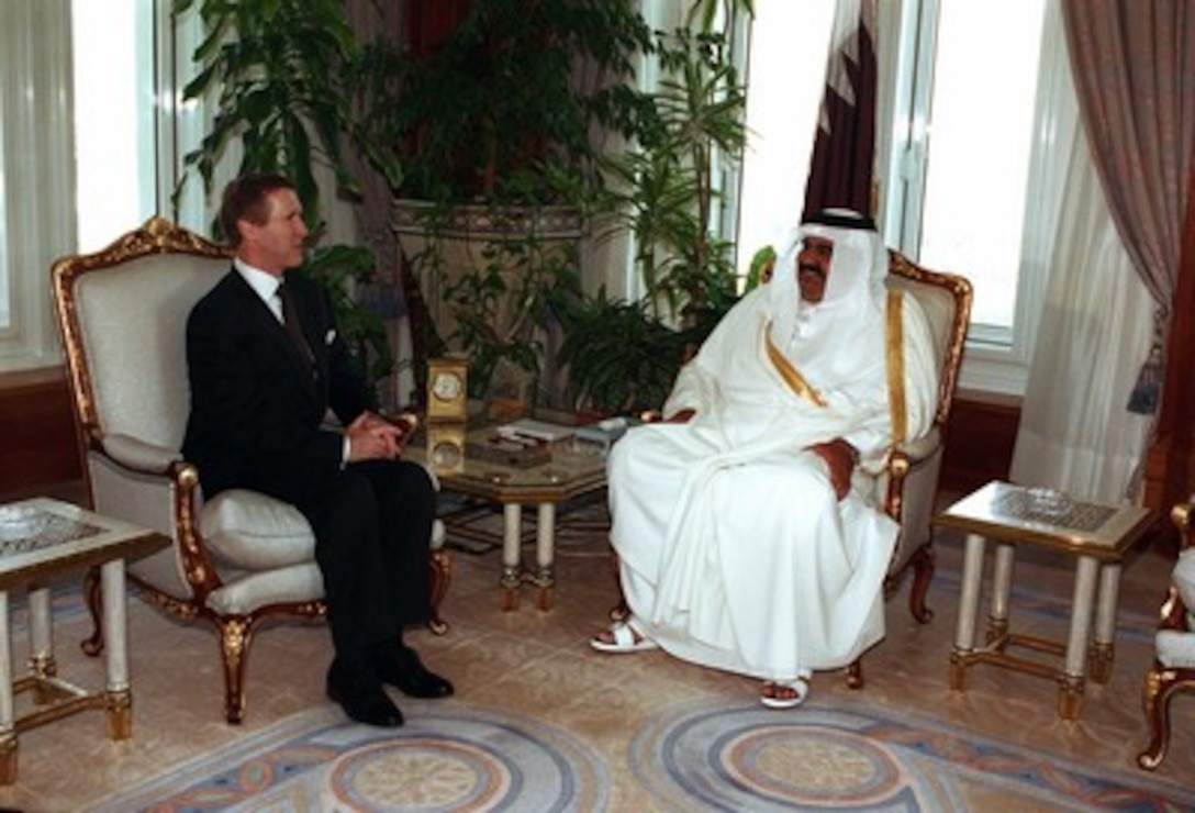 His Highness the Emir Sheikh Hamid Bin Khalifa Al-Thani (right) is visited by Secretary of Defense William S. Cohen (left) at his Emiri Diwan in Qatar on Feb. 11, 1998. 