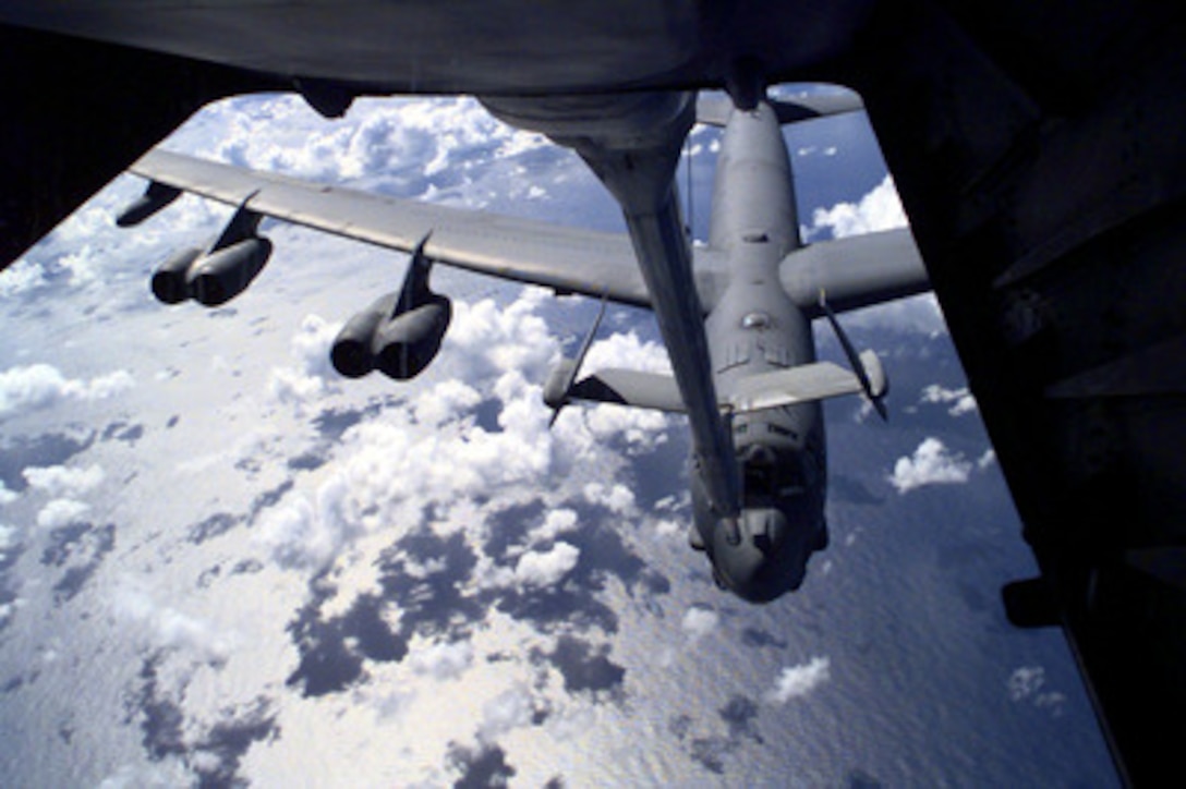 A B-52H Stratofortress long-range heavy bomber approaches the refueling boom of a KC-10 Extender aerial tanker for in-flight refueling over the Indian Ocean on Feb. 23, 1998. Both aircraft are part of the 2nd Air Expeditionary Group, 8th Air Force, which is forward deployed to the British Indian Ocean Territory of Diego Garcia. The Stratofortress is from the 2nd Bomb Wing, Barksdale Air Force Base, La. The Extender is from the 2nd Air Refueling Squadron, McGuire Air Force Base, N.J. 