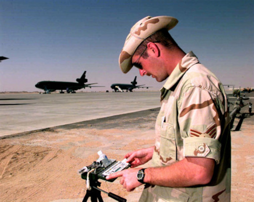 Senior Airman Shawn Petro checks a heat index meter alongside the KC-10 Extender ramp area at an operating base in Southwest Asia on Feb. 27, 1998. Petro is one of two U.S. Air Force bio-environmental engineers assigned to the 305th Air Expeditionary Group which is currently operating in the Persian Gulf area of operations as part of a force augmentation in Southwest Asia. Petro is deployed from the 62nd Medical Group, McChord Air Force Base, Wash. 