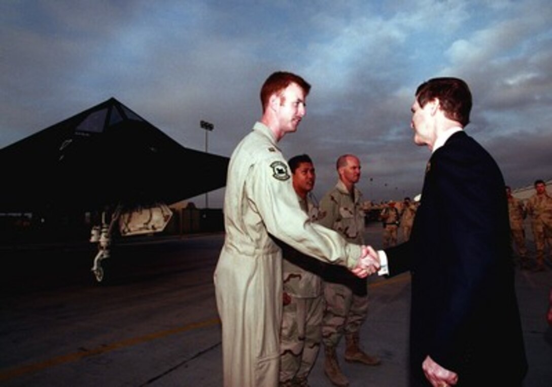 Secretary of Defense William S. Cohen speaks to the crew of a U.S. Air Force F-117A Nighthawk at Al-Jaber Air Base, Kuwait, on Feb. 9, 1998. 