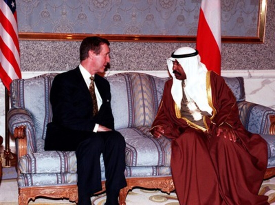 Secretary of Defense William S. Cohen (left) meets with His Highness Crown Prince Shaykh, Saad Al-Abdullah Al Sabah (right), at Bayan Palace, Kuwait City, Kuwait, on Feb. 9, 1998. 