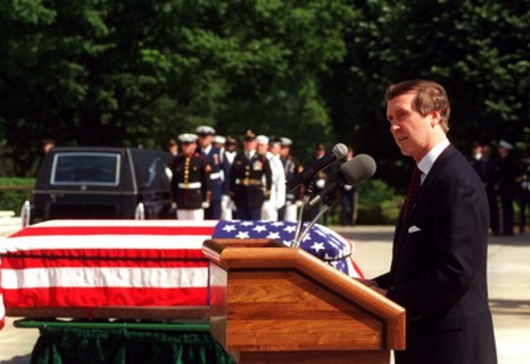 Secretary of Defense William S. Cohen delivers his remarks at the disinterment ceremony for the remains of the Unknown from Vietnam at Arlington National Cemetery on May 14, 1998. The remains will be taken to the Armed Forces Institute of Pathology at Walter Reed Army Medical Center for forensic testing for possible identification. 