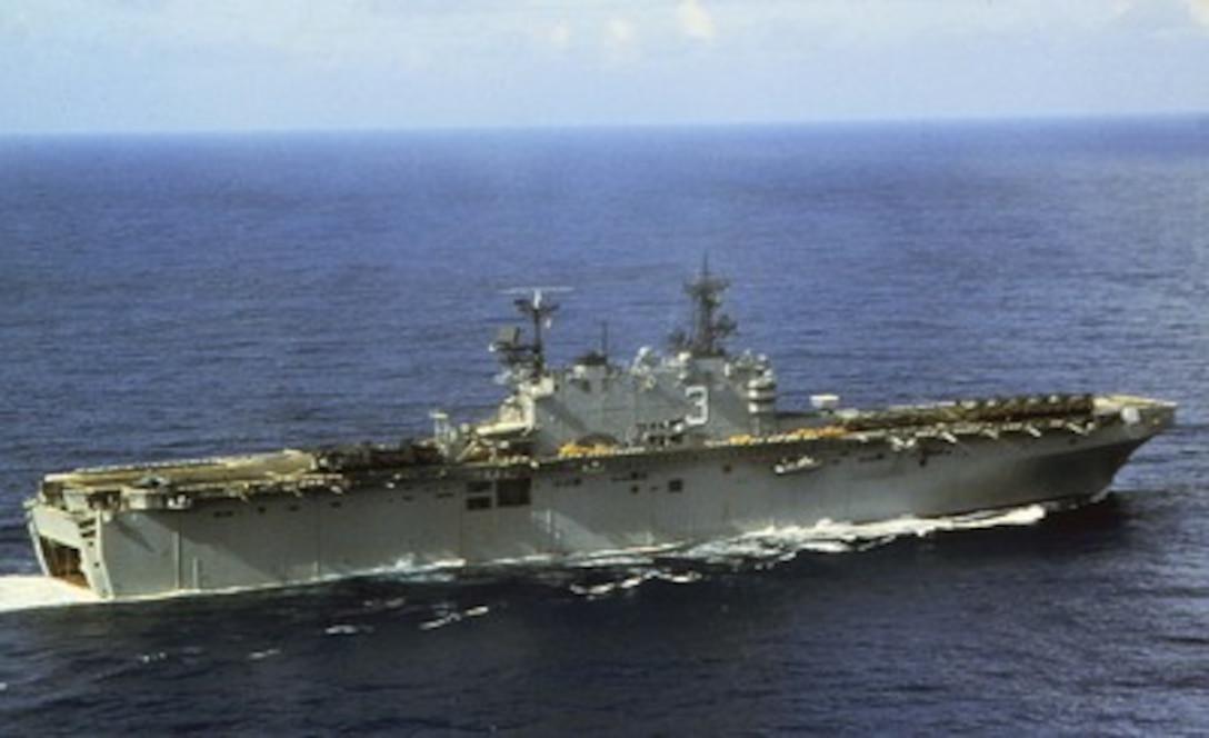 The USS Belleau Wood (LHA 3), shown in this June 1987 file photo, is currently deployed to the South China Sea for participation in Exercise Cobra Gold 98. Cobra Gold 98 is the latest in a continuing series of U.S. -Thailand military exercises designed to ensure regional peace and strengthen the ability of the Royal Thai armed forces to defend Thailand. The Belleau Wood, a Navy amphibious assault ship, is ready to assist in the evacuation of American citizens in Indonesia if needed. 