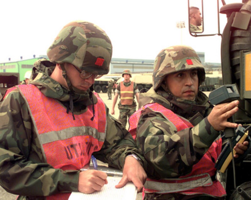 U.S. Marine Lance Cpl. James Zimmerman (left) and Cpl. Chris Garcia use a bar code reader to inventory a vehicle as it is unloaded from the Motor Vessel Sgt. William R. Button (T-AK 3012) onto the pier at Pohang Harbor, Republic of Korea, on Oct. 15, 1998, for Exercise Foal Eagle '98. Foal Eagle '98 is a combined, joint exercise supported by forces from the U.S. and Republic of Korea. In addition to providing hands-on field experience for forces of both nations, Foal Eagle '98 was designed to test rear area protection operations and major command, control and communications systems. This vehicle is part of a Maritime Prepositioning Force that is especially configured for the U.S. Marine Corps and is being deployed in support of Foal Eagle '98. Zimmerman is attached to Support Company Support, Okinawa, while Garcia is attached to Support Company Support, Hawaii. 