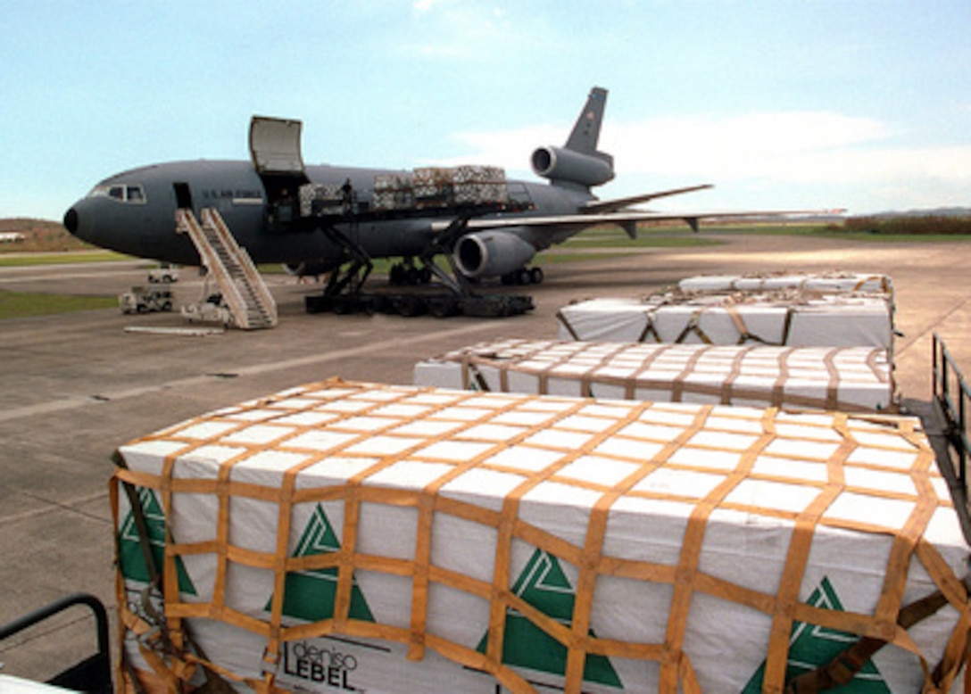 A U.S. Air Force KC-10 Extender unloads 76 tons of lumber at Naval Station Roosevelt Roads, Puerto Rico, on Sept. 29, 1998. The lumber is part of relief efforts for those affected by Hurricane Georges. The Air Force has flown 89 missions in response to Federal Emergency Management Agency requests for delivery of more than 8,500 tons of hurricane relief supplies and aid in the Caribbean. Along with numerous civilian and military incident response teams, the Air Force has carried a variety of cargo such as baby food, bottled water, generators, plastic sheeting and refrigerator trailers. The KC-10 Extender is deployed from the 2nd Air Refueling Squadron, McGuire Air Force Base, N.J. 