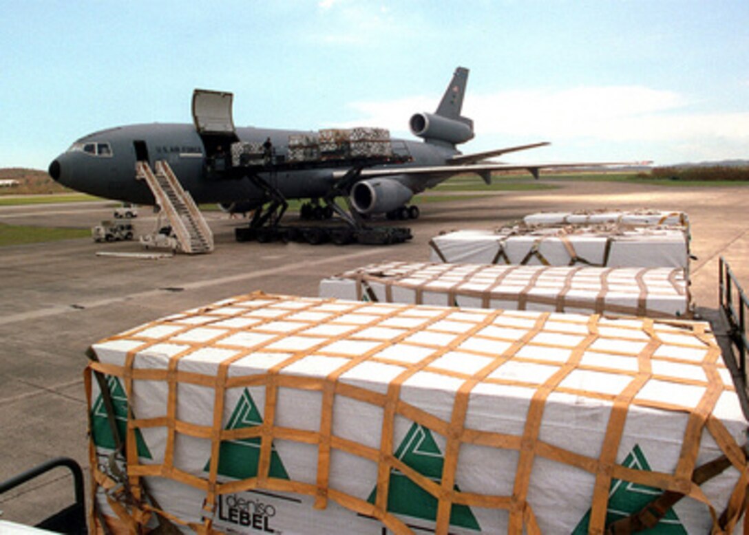 A U.S. Air Force KC-10 Extender unloads 76 tons of lumber at Naval Station Roosevelt Roads, Puerto Rico, on Sept. 29, 1998. The lumber is part of relief efforts for those affected by Hurricane Georges. The Air Force has flown 89 missions in response to Federal Emergency Management Agency requests for delivery of more than 8,500 tons of hurricane relief supplies and aid in the Caribbean. Along with numerous civilian and military incident response teams, the Air Force has carried a variety of cargo such as baby food, bottled water, generators, plastic sheeting and refrigerator trailers. The KC-10 Extender is deployed from the 2nd Air Refueling Squadron, McGuire Air Force Base, N.J. 