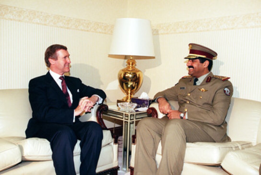 Secretary of Defense William S. Cohen (left) meets with Army Chief of Staff General Hamad Bin Ali Al-Attiyah (right), at Military Headquarters, Doha, Qatar, on Oct. 11, 1998. Cohen is in the Persian Gulf region to visit with U.S. troops and heads of state in the Gulf countries. 