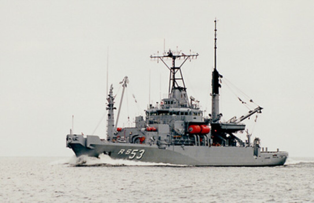 The U.S. Navy has sent the Norfolk based salvage rescue ship USS Grapple (ARS 53), shown in this file photo, to assist in the underwater search phase of the Swissair Flight 111 crash near Halifax, Nova Scotia. On board the Grapple will be a newly-developed Synthetic Aperture Sonar and a Laser Electro-Optics Identification System, both of which will provide detailed images of the ocean floor. The synthetic aperture sonar was developed to identify underwater mines as part of the Navy's countermines mission, but other applications such as salvage and recovery operations and environmental cleanup are also uses for this advanced imaging technology. The laser electro-optics identification system uses dual frequencies to detect and classify objects suspended in the water column as well as those that may be buried or partially buried in the ocean floor. The Grapple has 20 assigned divers and is assigned an additional 12 divers from the Mobile Diving and Salvage Unit, Norfolk, Va. The Grapple was used two years ago in the recovery efforts of TWA Flight 800 from the waters of Long Island Sound. 