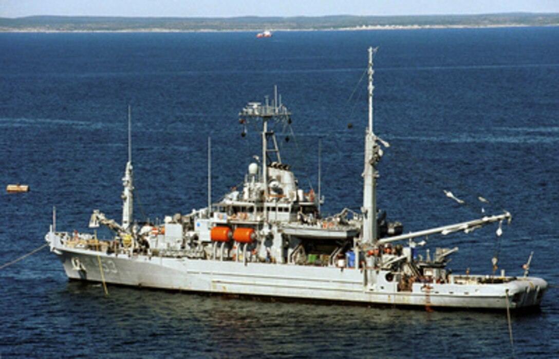 The U.S. Navy fleet support ship USS Grapple (ARS 53) conducts deep drone and diving operations at the crash site of Swissair Flight 111 off the coast of Peggy's Cove, Nova Scotia, on Sept. 14, 1998. U.S. and Canadian forces are working together in the retrieval of victims and aircraft debris from the crash site. Grapple is the U.S. Navy's newest rescue and salvage vessel and can deploy Mobile Underwater Debris Survey System technology, Synthetic Aperture Sonar, and the Laser Electro-Optics Identification System to provide detailed images of the ocean floor. 