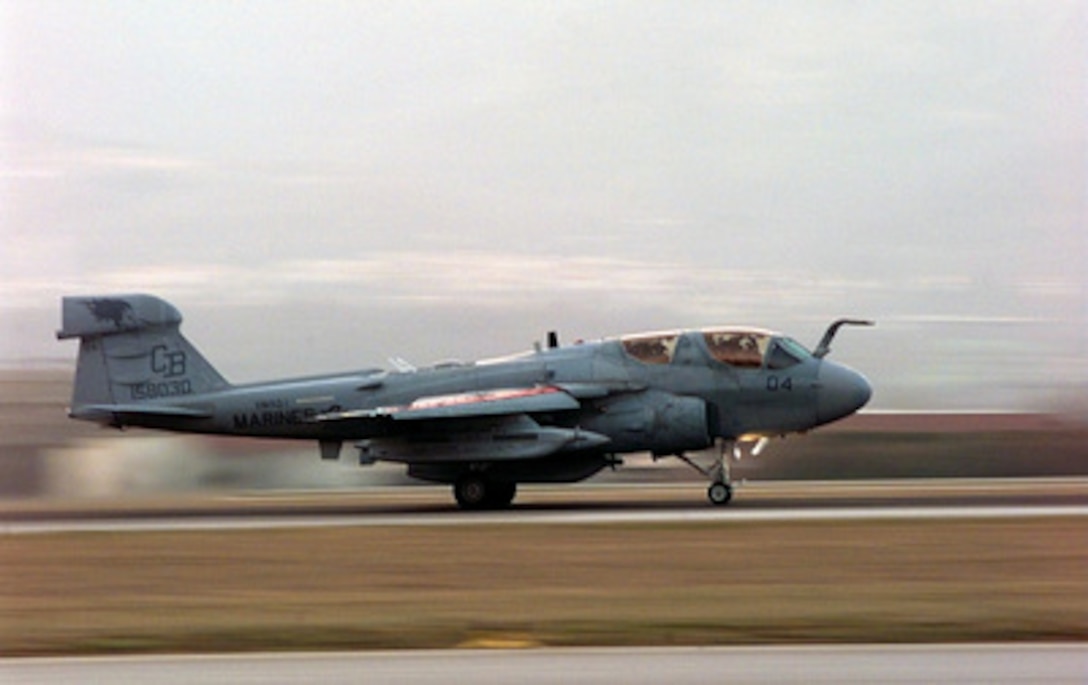 A U.S. Marine Corps EA-6B Prowler takes off from Aviano Air Base, Italy, for a NATO Operation Allied Force mission on March 31,1999. Operation Allied Force is the air operation against targets in the Federal Republic of Yugoslavia. The Prowler is attached to Tactical Electronic Warfare Squadron 2, Marine Corps Air Station Cherry Point, N.C. 