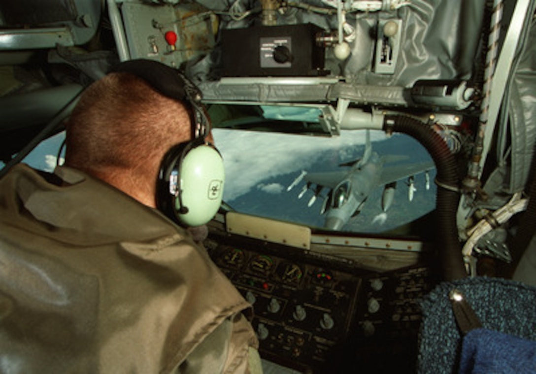 The boom operator of a U.S. Air Force KC-135R Stratotanker watches as an F-16C/J Fighting Falcon approaches for in-flight refueling during NATO Operation Allied Force on March 31, 1999. Operation Allied Force is the air operation against targets in the Federal Republic of Yugoslavia. The Stratotanker is from the 351st Air Refueling Squadron based at RAF Mildenhall, United Kingdom, with the 100th Air Expeditionary Wing. The Fighting Falcon is from the 52nd Fighter Wing based at Spandahlem Air Base, Germany. 