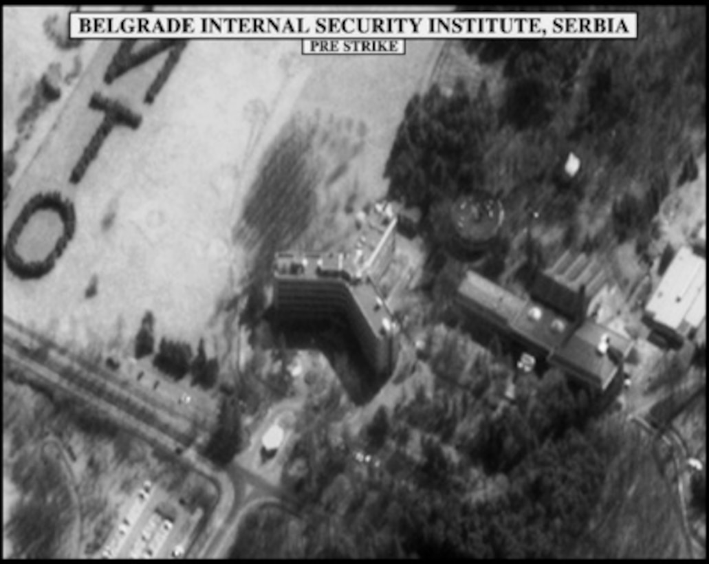 Pre-strike assessment photograph of the Belgrade Internal Security Institute, Serbia, used by Joint Staff Director of Intelligence Rear Adm. Thomas R. Wilson, U.S. Navy, during a press briefing on NATO Operation Allied Force in the Pentagon on April 6, 1999. 