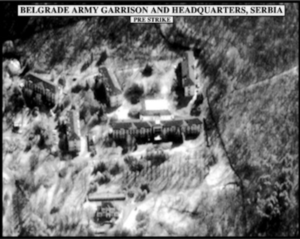 Pre-strike assessment photograph of the Belgrade Army Garrison and Headquarters, Serbia, used by Joint Staff Director of Intelligence Rear Adm. Thomas R. Wilson, U.S. Navy, during a press briefing on NATO Operation Allied Force in the Pentagon on April 6, 1999. 