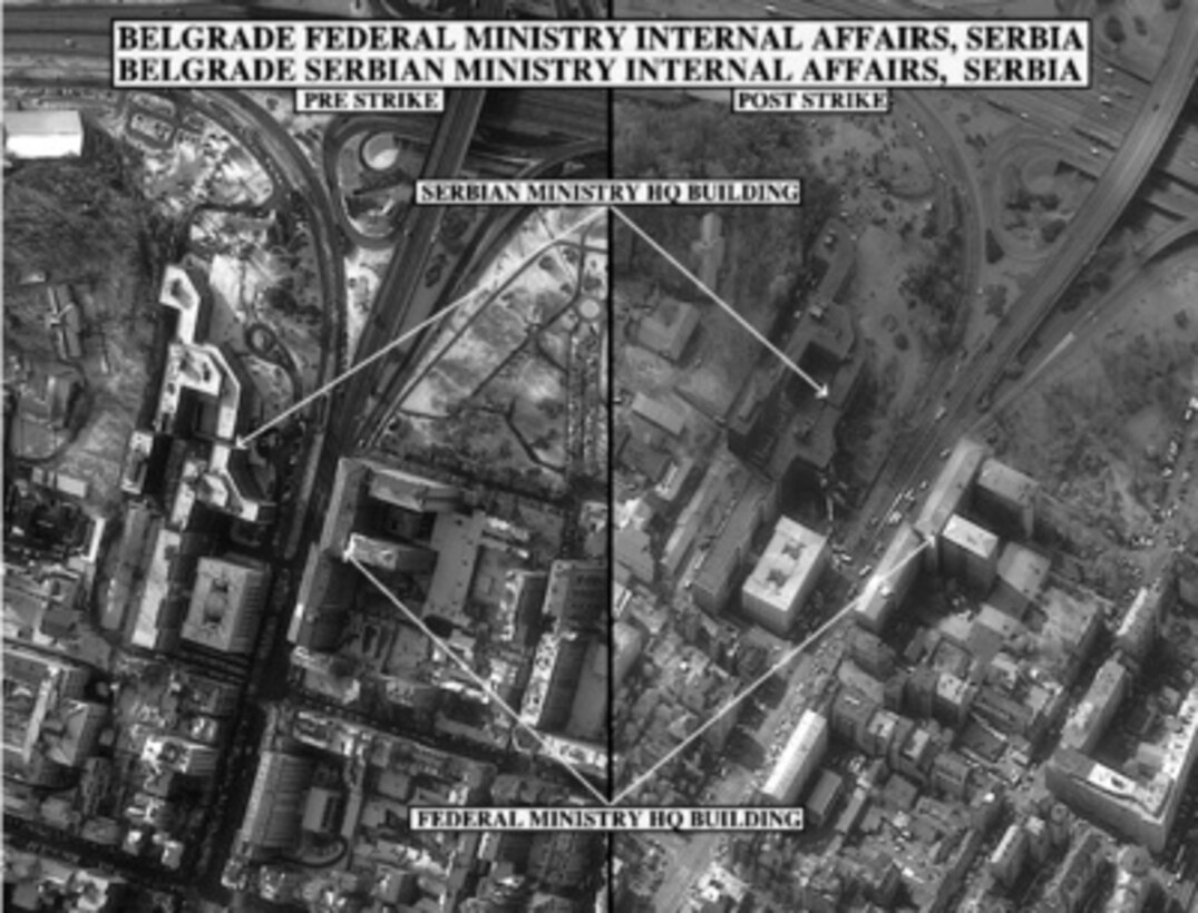 Pre-strike assessment and post-strike bomb damage assessment photographs of the Belgrade Federal Ministry Internal Affairs and the Belgrade Serbian Ministry Internal Affairs, Serbia, used by Joint Staff Director of Intelligence Rear Adm. Thomas R. Wilson, U.S. Navy, during a press briefing on NATO Operation Allied Force in the Pentagon on April 6, 1999. 