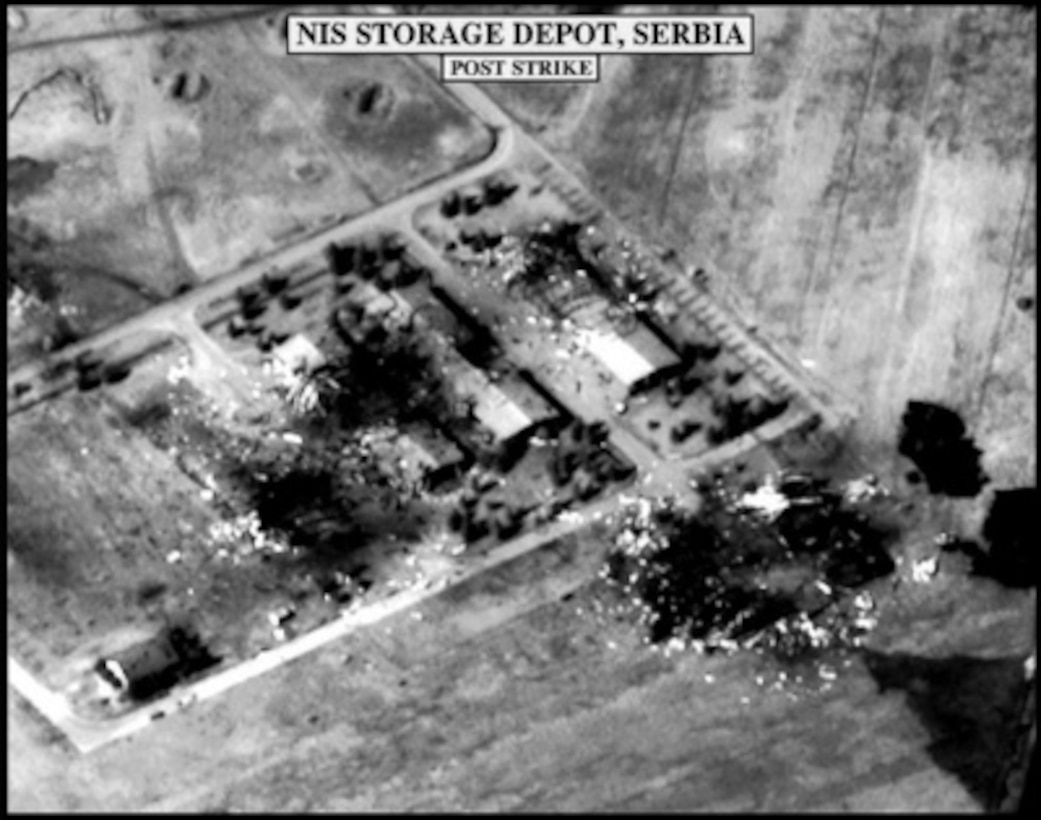 Post-strike bomb damage assessment photograph of the Nis Storage Depot, Serbia, used by Joint Staff Director of Intelligence Rear Adm. Thomas R. Wilson, U.S. Navy, during a press briefing on NATO Operation Allied Force in the Pentagon on April 6, 1999. 