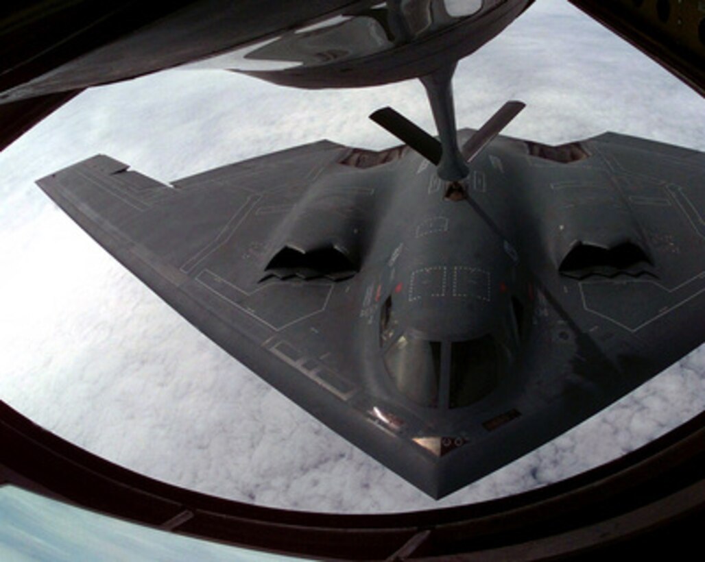 A U.S. Air Force B-2 Spirit stealth bomber refuels from a KC-135 Stratotanker on April 6, 1999, during an air strike mission in support of NATO Operation Allied Force. Operation Allied Force is the air operation against targets in the Federal Republic of Yugoslavia. 