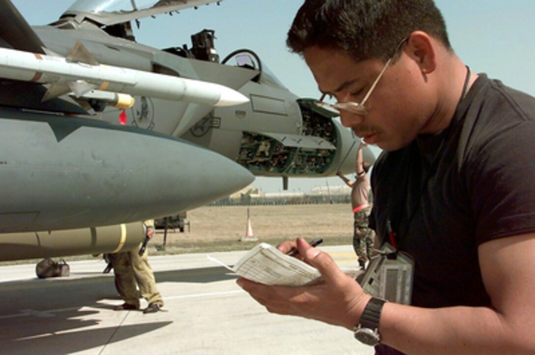 F-15 Eagle Crew Chief Staff Sgt. Daniel Ventura, U.S. Air Force, logs information about his jet which just returned to Aviano Air Base, Italy, from a NATO Operation Allied Force strike mission on April 3, 1999. Operation Allied Force is the air operation against targets in the Federal Republic of Yugoslavia. The Eagle and ground crew are deployed to Aviano from the 494th Fighter Squadron, RAF Lakenheath, United Kingdom. 