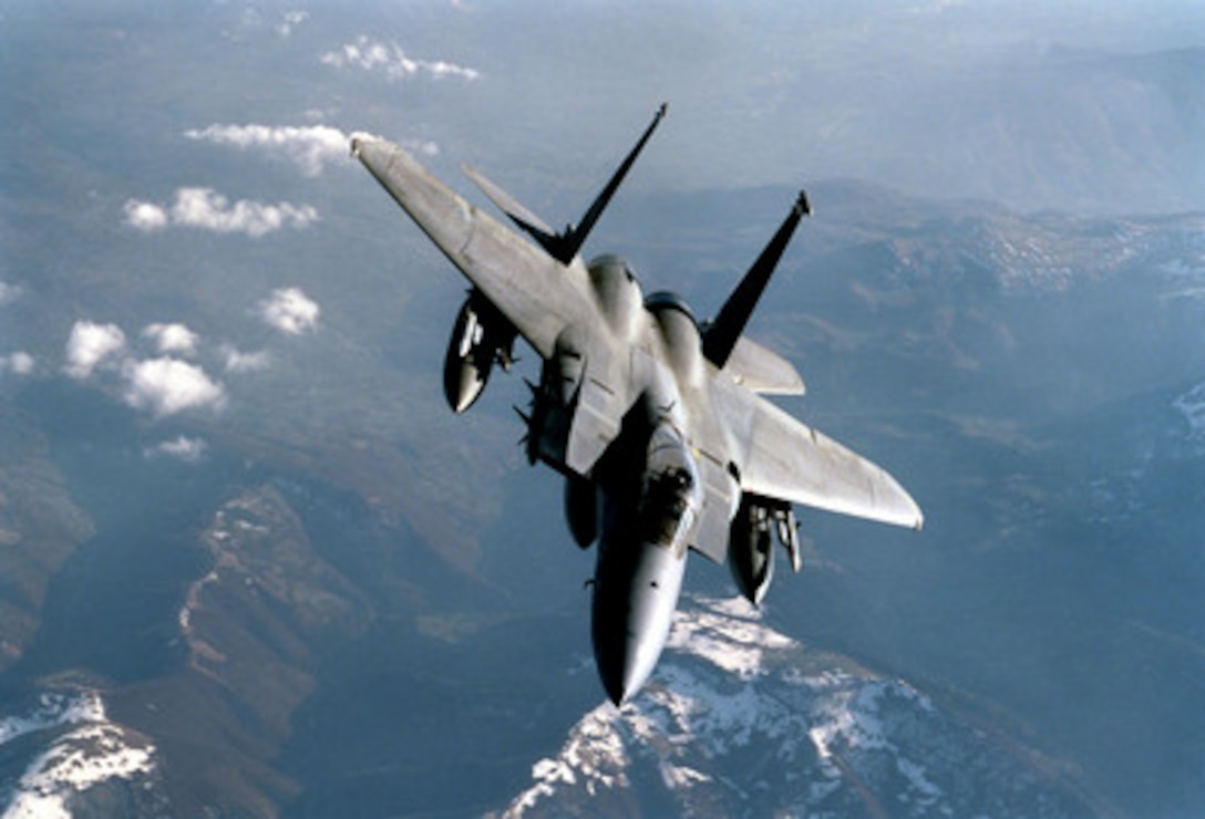 An F-15C Eagle breaks away from a KC-135R Stratotanker after in-flight refueling during NATO Operation Allied Force on April 4, 1999. Operation Allied Force is the air operation against targets in the Federal Republic of Yugoslavia. The Eagle is armed with AIM-7 Sparrow missiles on the fuselage, AIM-9 Sidewinder missiles on the inboard wing pylon and AIM-120 Advanced Medium Range Air-to-Air Missiles on the outboard wing pylon. F-15C Eagles are flying Combat Air Patrol missions to maintain air superiority and protect aircraft in Allied Force. The Eagle is from the 48th Fighter Wing at RAF Lakenheath, United Kingdom. 