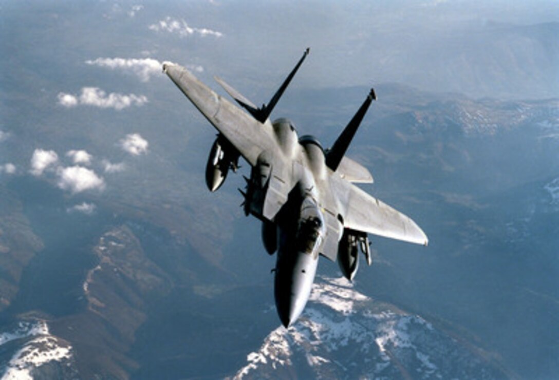 An F-15C Eagle breaks away from a KC-135R Stratotanker after in-flight refueling during NATO Operation Allied Force on April 4, 1999. Operation Allied Force is the air operation against targets in the Federal Republic of Yugoslavia. The Eagle is armed with AIM-7 Sparrow missiles on the fuselage, AIM-9 Sidewinder missiles on the inboard wing pylon and AIM-120 Advanced Medium Range Air-to-Air Missiles on the outboard wing pylon. F-15C Eagles are flying Combat Air Patrol missions to maintain air superiority and protect aircraft in Allied Force. The Eagle is from the 48th Fighter Wing at RAF Lakenheath, United Kingdom. 