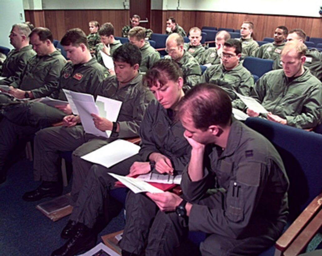 U.S. Air Force B-52H Stratofortress crews conduct a formation brief at Fairford, United Kingdom, on April 6, 1999, in preparation for cruise missile launches against targets in the Federal Republic of Yugoslavia in support of NATO Operation Allied Force. Crews from the 2nd Bomb Wing, Barksdale Air Force Base, La., and the 5th Bomb Wing, Minot Air Force Base, N.D., are deployed to Fairford as the 2nd Air Expeditionary Group. 