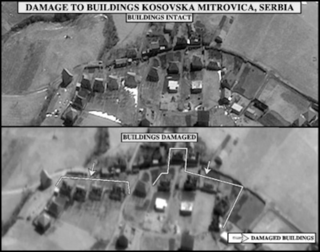 Damage assessment photograph of Serbia damage to buildings in Kosovka Mitrovica, Serbia, used by Joint Staff Director of Intelligence Rear Adm. Thomas R. Wilson, U.S. Navy, during a press briefing on NATO Operation Allied Force in the Pentagon on April 7, 1999. 