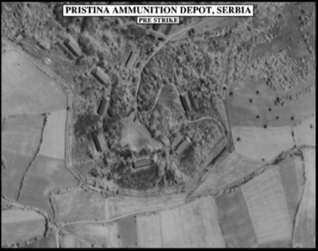 Pre-strike assessment photograph of the Pristina Ammunition Depot, used by Joint Staff Vice Director for Strategic Plans and Policy Maj. Gen. Charles F. Wald, U.S. Air Force, during a press briefing on NATO Operation Allied Force in the Pentagon on April 9, 1999. 