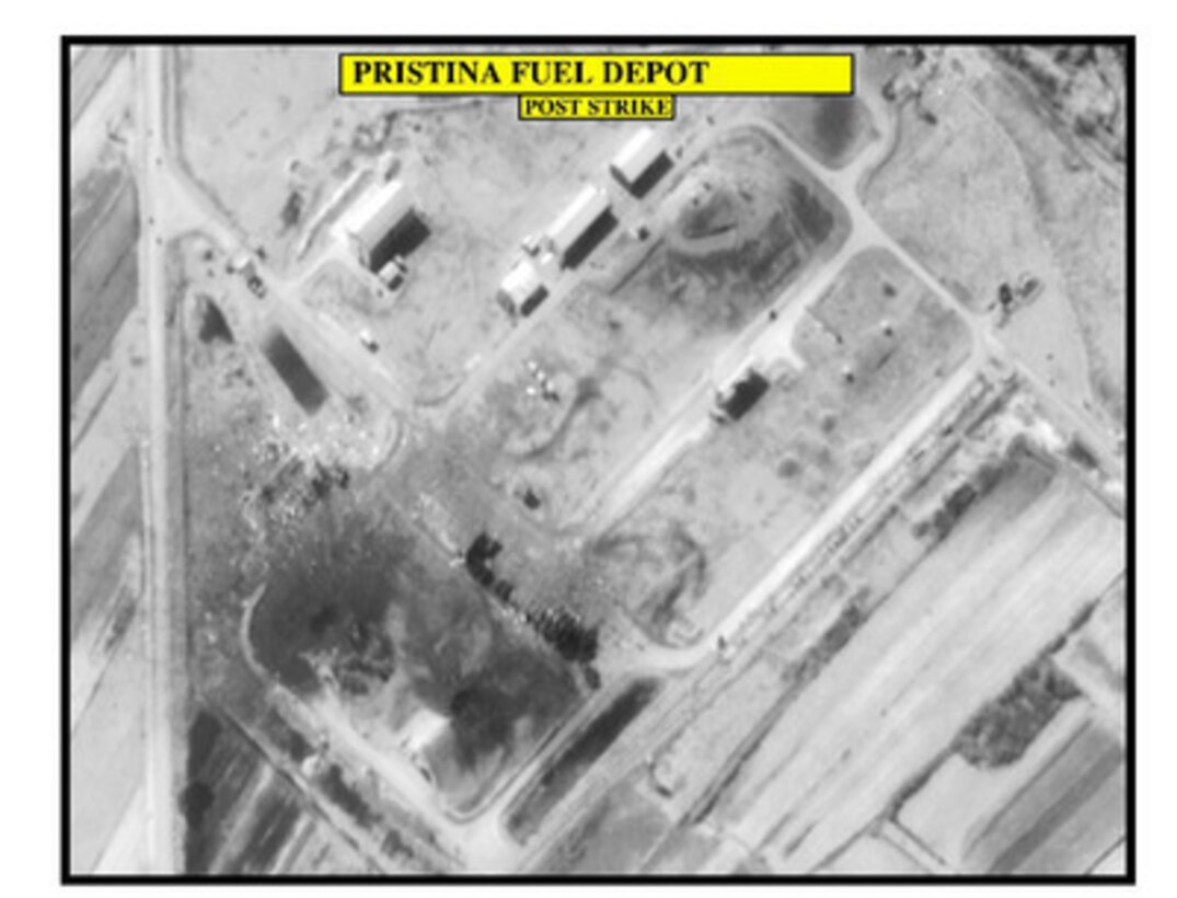 Post-strike assessment photograph of the Pristina Fuel Depot, used by Joint Staff Vice Director for Strategic Plans and Policy Maj. Gen. Charles F. Wald, U.S. Air Force, during a press briefing on NATO Operation Allied Force in the Pentagon on April 10, 1999. 