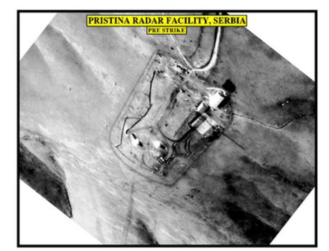 Pre-strike assessment photograph of the Pristina Radar Facility, used by Joint Staff Vice Director for Strategic Plans and Policy Maj. Gen. Charles F. Wald, U.S. Air Force, during a press briefing on NATO Operation Allied Force in the Pentagon on April 12, 1999. 