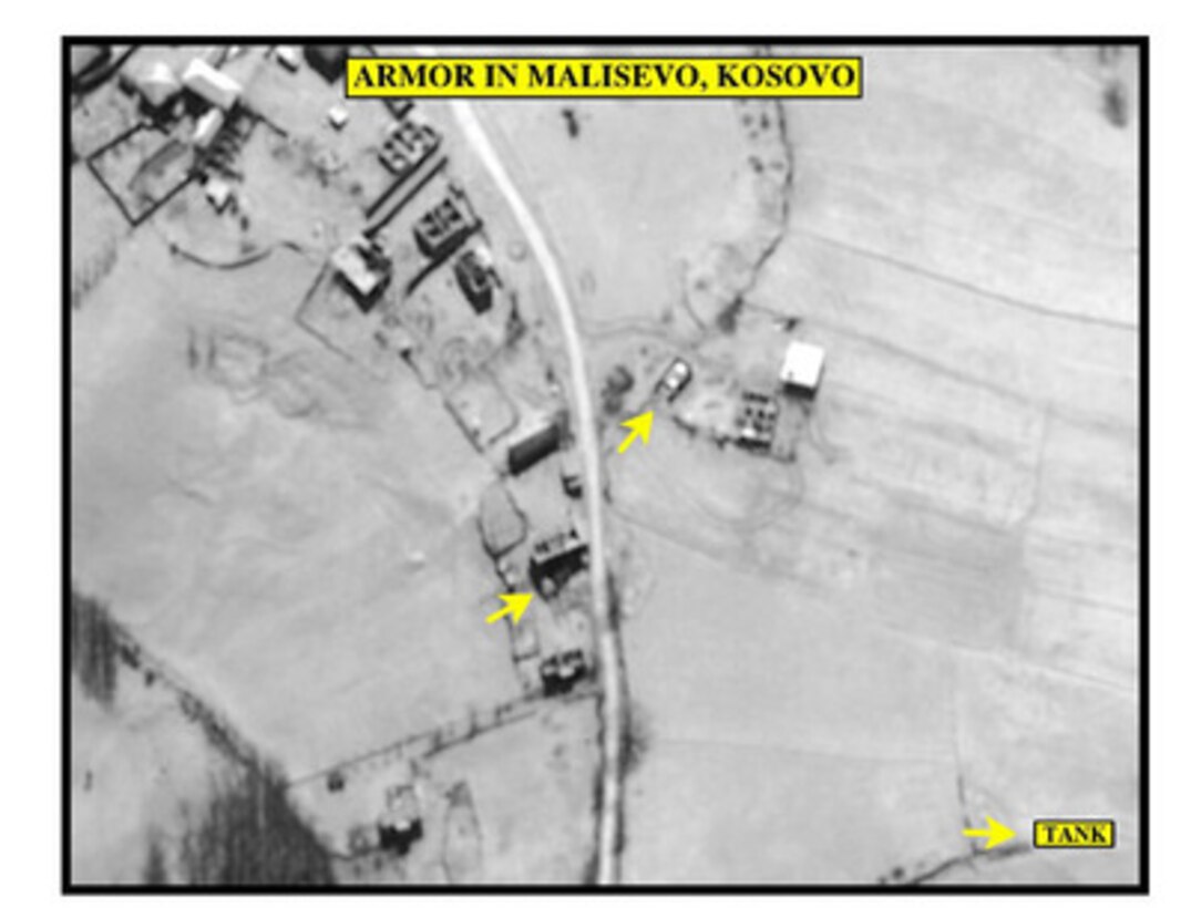 Assessment photograph of armor in Malisevo, Kosovo, used by Joint Staff Vice Director for Strategic Plans and Policy Maj. Gen. Charles F. Wald, U.S. Air Force, during a press briefing on NATO Operation Allied Force in the Pentagon on April 12, 1999. 