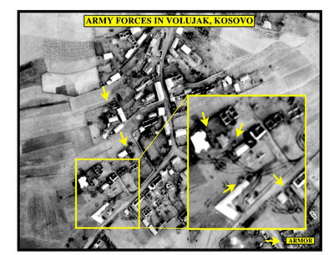 Assessment photograph of army forces in Volujak, Kosovo, used by Joint Staff Vice Director for Strategic Plans and Policy Maj. Gen. Charles F. Wald, U.S. Air Force, during a press briefing on NATO Operation Allied Force in the Pentagon on April 12, 1999. 