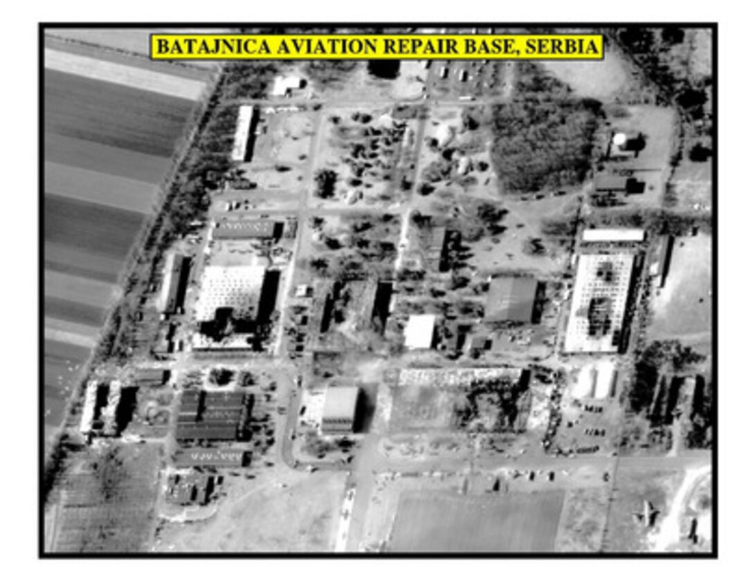 Post-strike assessment photograph of the Batajanica Aviation Repair Base, Serbia, used by Joint Staff Vice Director for Strategic Plans and Policy Maj. Gen. Charles F. Wald, U.S. Air Force, during a press briefing on NATO Operation Allied Force in the Pentagon on April 13, 1999. 