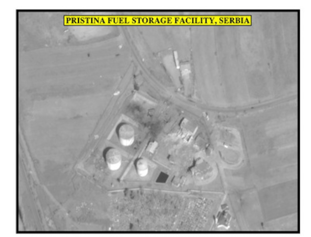 Post-strike assessment photograph of the Pristina Fuel Storage Facility, Serbia, used by Joint Staff Vice Director for Strategic Plans and Policy Maj. Gen. Charles F. Wald, U.S. Air Force, during a press briefing on NATO Operation Allied Force in the Pentagon on April 14, 1999. 