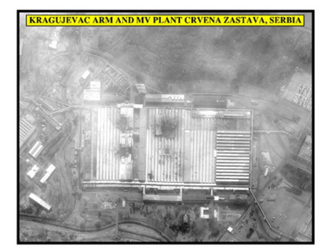 Post-strike assessment photograph of the Kragujevac ARM and MV plant Crvena Zastava, Serbia, used by Joint Staff Vice Director for Strategic Plans and Policy Maj. Gen. Charles F. Wald, U.S. Air Force, during a press briefing on NATO Operation Allied Force in the Pentagon on April 14, 1999. 