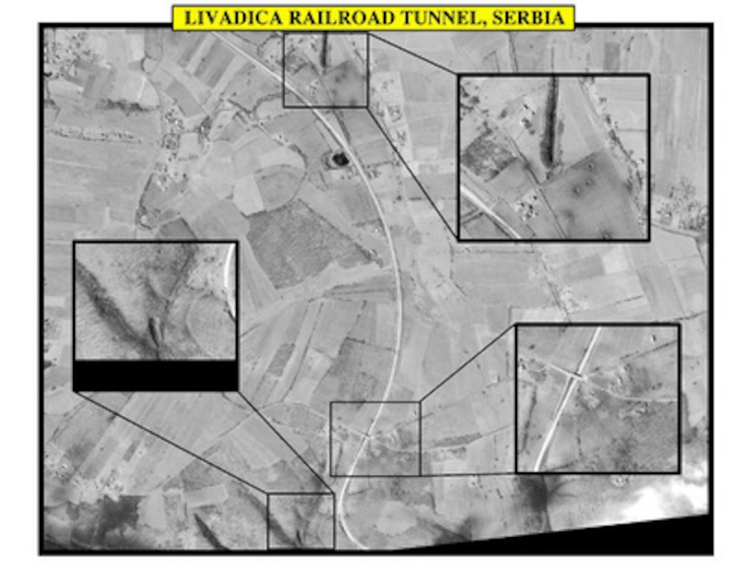 Assessment photograph of the Livadica railroad tunnel, Serbia, used by Joint Staff Vice Director for Strategic Plans and Policy Maj. Gen. Charles F. Wald, U.S. Air Force, during a press briefing on NATO Operation Allied Force in the Pentagon on April 14, 1999. 