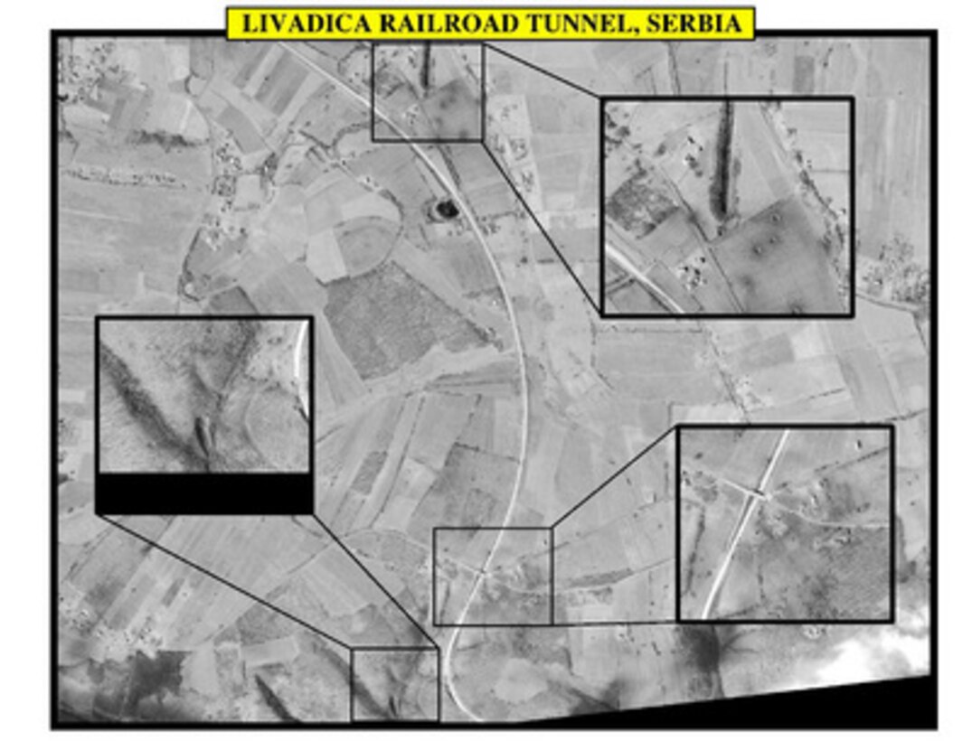 Assessment photograph of the Livadica railroad tunnel, Serbia, used by Joint Staff Vice Director for Strategic Plans and Policy Maj. Gen. Charles F. Wald, U.S. Air Force, during a press briefing on NATO Operation Allied Force in the Pentagon on April 14, 1999. 