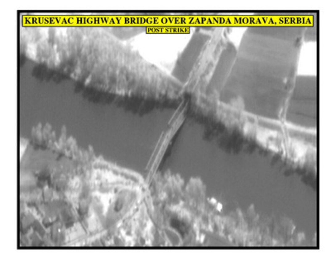 Post-strike assessment photograph of the Krusevac highway bridge over Zapanda Morava, Serbia, used by Joint Staff Vice Director for Strategic Plans and Policy Maj. Gen. Charles F. Wald, U.S. Air Force, during a press briefing on NATO Operation Allied Force in the Pentagon on April 16, 1999. 
