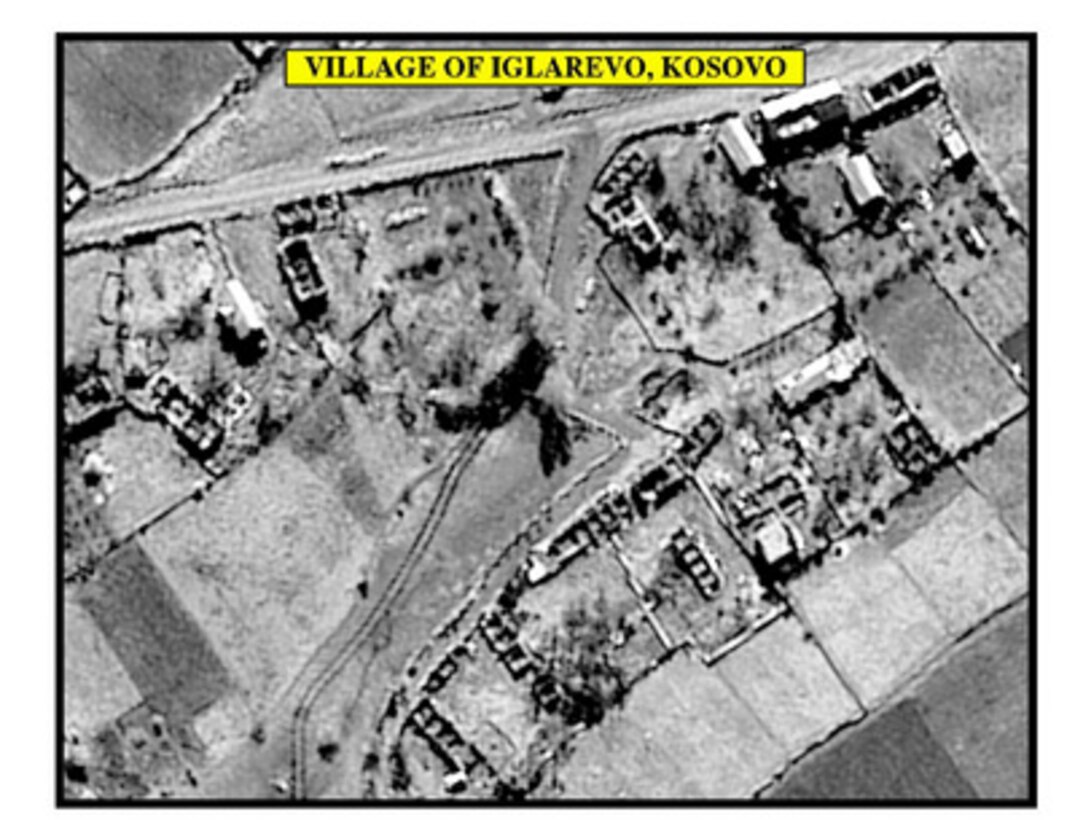 Photograph of the Village of Iglarevo, Kosovo, used by Joint Staff Vice Director for Strategic Plans and Policy Maj. Gen. Charles F. Wald, U.S. Air Force, during a press briefing on NATO Operation Allied Force in the Pentagon on April 16, 1999. 