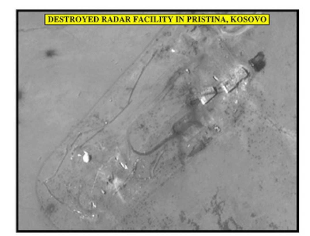 Post-strike assessment photograph of the destroyed radar facility in Pristina, Kosovo, used by Joint Staff Vice Director for Strategic Plans and Policy Maj. Gen. Charles F. Wald, U.S. Air Force, during a press briefing on NATO Operation Allied Force in the Pentagon on April 17 1999. 