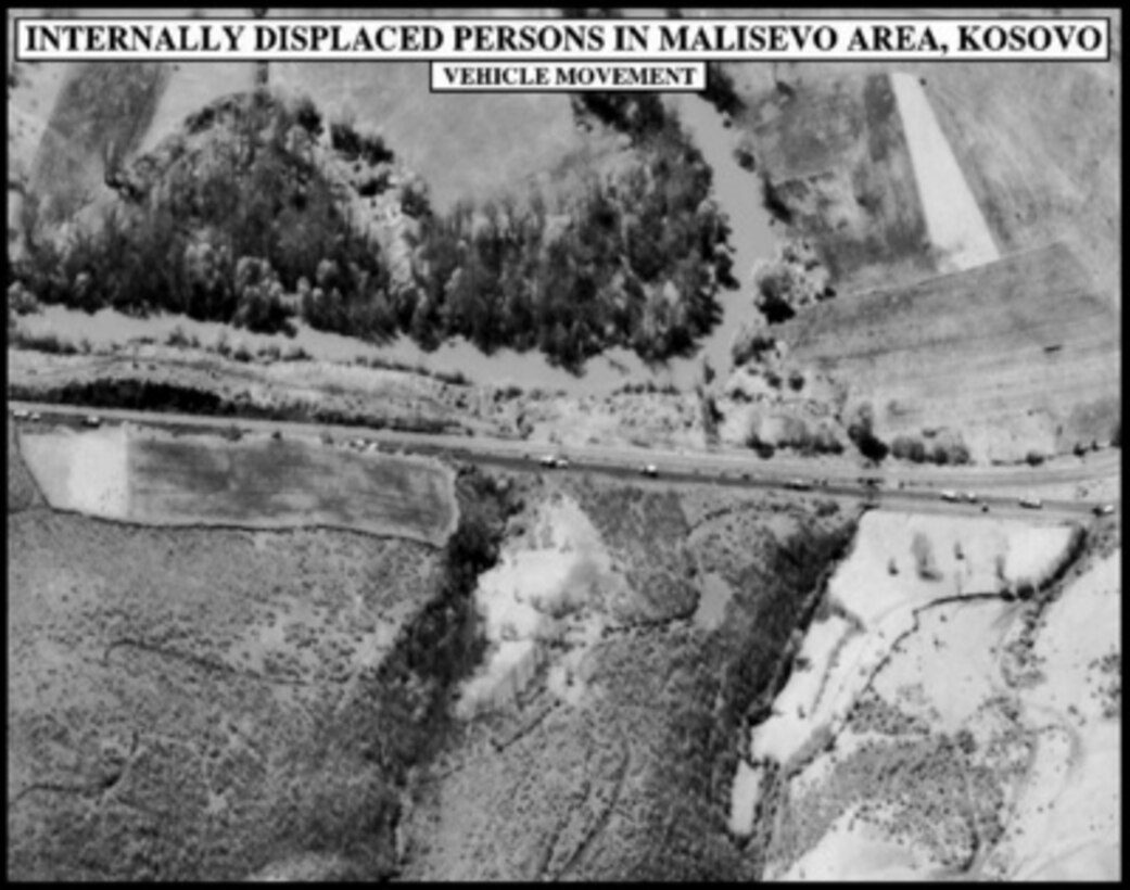 Assessment photograph of vehicle movement of internally displaced persons in the Malisevo area of Kosovo, used by Joint Staff Vice Director for Strategic Plans and Policy Maj. Gen. Charles F. Wald, U.S. Air Force, during a press briefing on NATO Operation Allied Force in the Pentagon on April 19, 1999. 