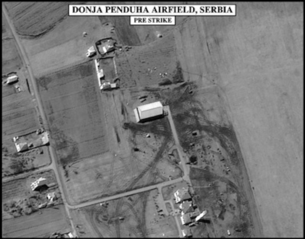 Pre-strike assessment photograph of the Donja Penduha Airfield, Serbia, used by Joint Staff Vice Director for Strategic Plans and Policy Maj. Gen. Charles F. Wald, U.S. Air Force, during a press briefing on NATO Operation Allied Force in the Pentagon on April 19, 1999. 