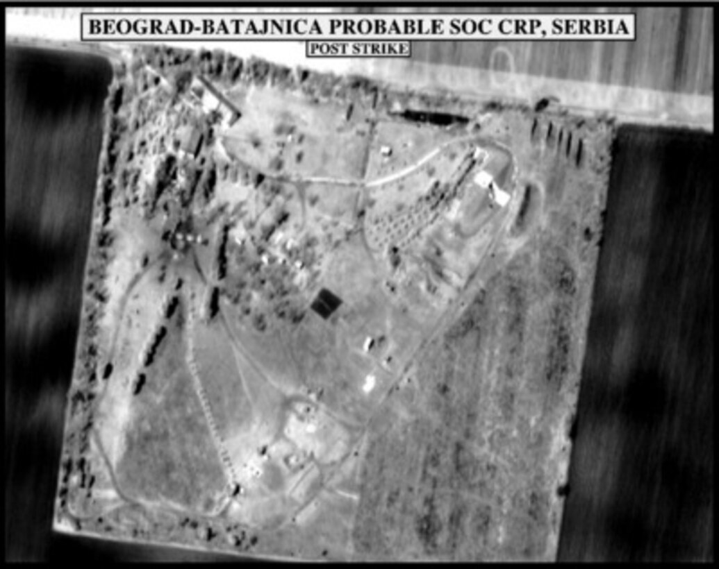 Post-strike assessment photograph of the Beograd-Batajnica probable Sector Operating Center and Control Reporting Post, Serbia, used by Joint Staff Vice Director for Strategic Plans and Policy Maj. Gen. Charles F. Wald, U.S. Air Force, during a press briefing on NATO Operation Allied Force in the Pentagon on April 20, 1999. 