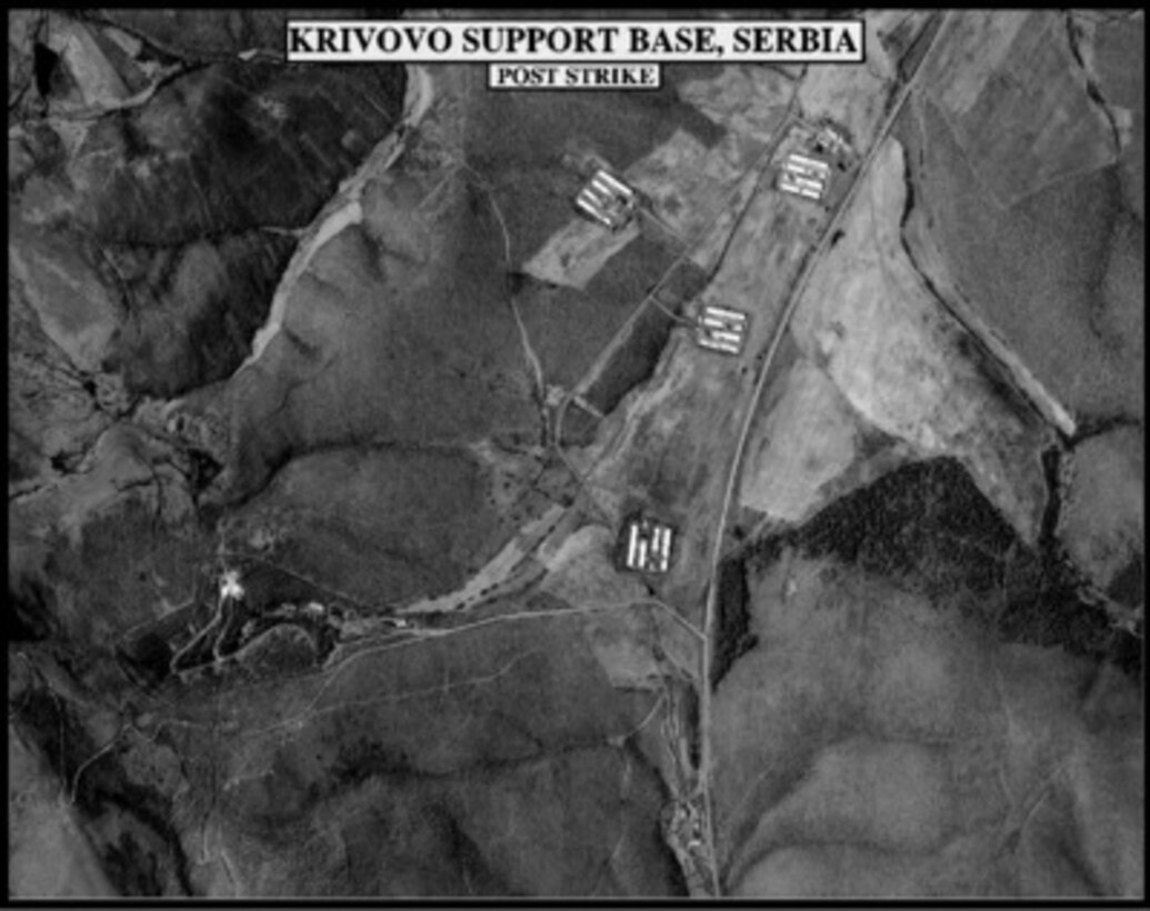 Post-strike bomb damage assessment photograph of the Krivovo Support Base, Serbia, used by Joint Staff Vice Director for Strategic Plans and Policy Maj. Gen. Charles F. Wald, U.S. Air Force, during a press briefing on NATO Operation Allied Force in the Pentagon on April 22, 1999. 