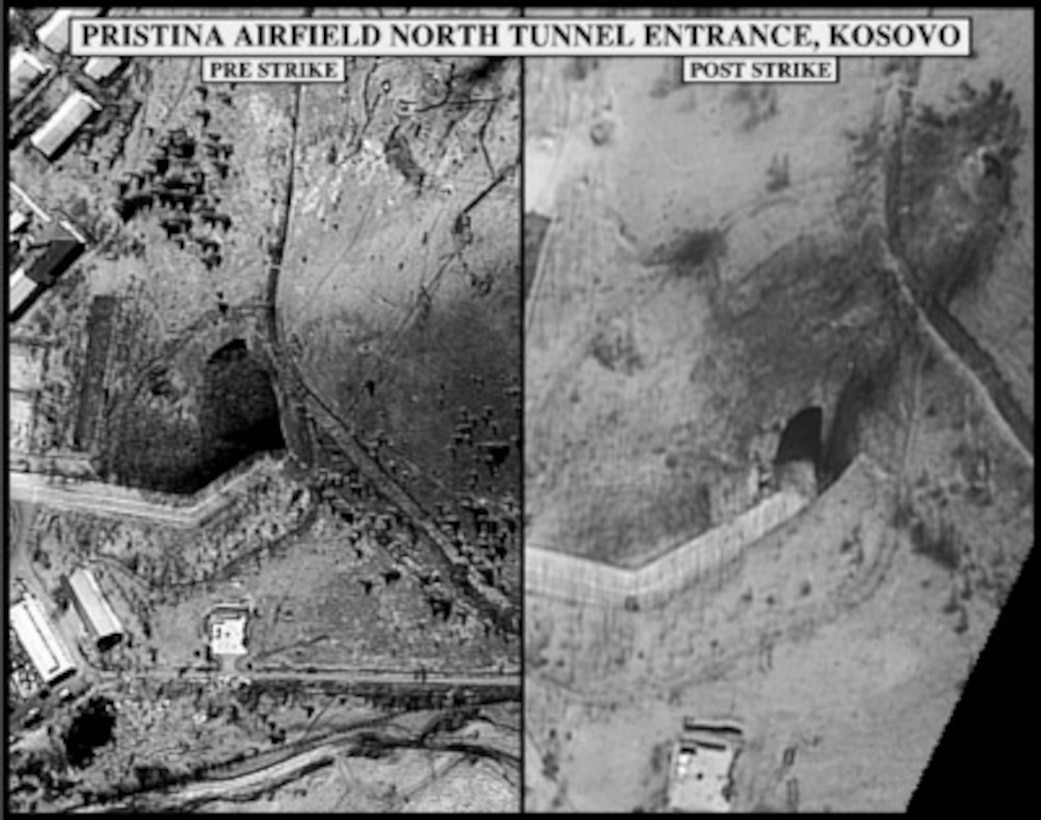 Pre-strike and post-strike bomb damage assessment photograph of the Pristina Airfield North Tunnel Entrance/Exit, Kosovo, used by Joint Staff Vice Director for Strategic Plans and Policy Maj. Gen. Charles F. Wald, U.S. Air Force, during a press briefing on NATO Operation Allied Force in the Pentagon on April 22, 1999. 