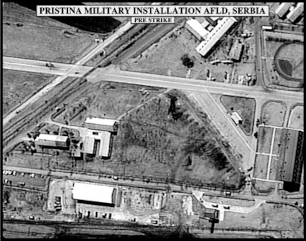Pre-strike assessment photograph of the Pristina Military Installation Airfield, Serbia, used by Joint Staff Vice Director for Strategic Plans and Policy Maj. Gen. Charles F. Wald, U.S. Air Force, during a press briefing on NATO Operation Allied Force in the Pentagon on April 22, 1999. 