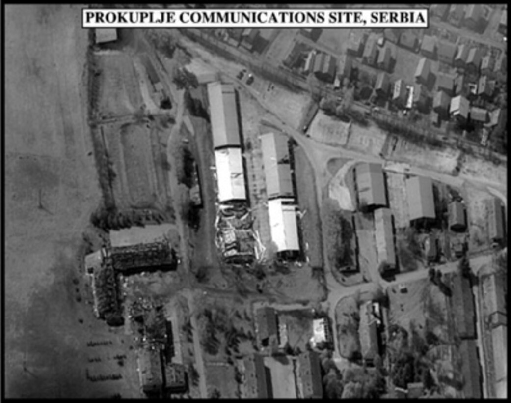 Post-strike bomb damage assessment photograph of the Prokuplje Communications Site, Serbia, used by Joint Staff Vice Director for Strategic Plans and Policy Maj. Gen. Charles F. Wald, U.S. Air Force, during a press briefing on NATO Operation Allied Force in the Pentagon on April 26, 1999. 